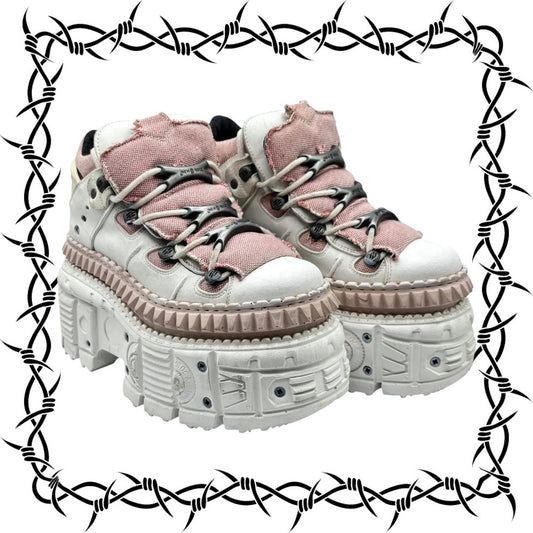 Vintage New Rock white/rose colored techno leather platform boots