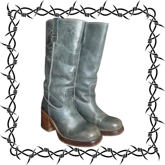 Vintage Destroy jade green block platform leather boots