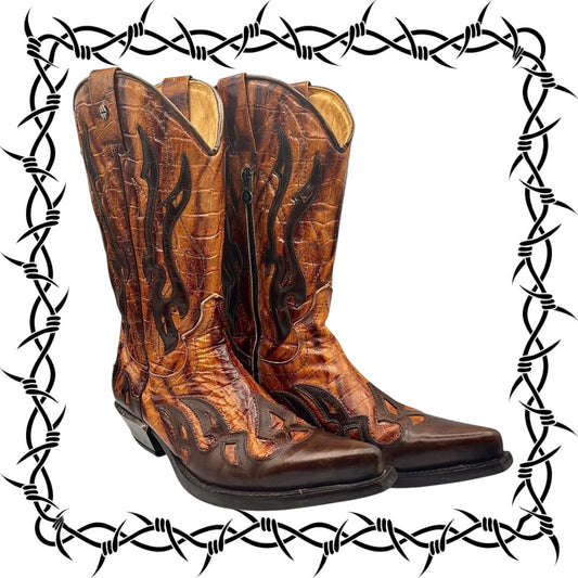 Pair of New Rock brown cowboy boots with intricate designs on a white background