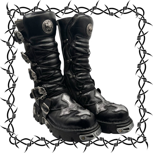 Vintage New Rock knee high leather cross boots
